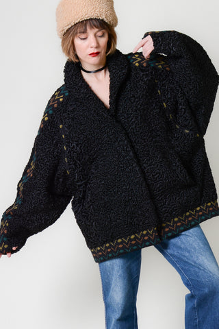 Rare Curly Wool Knit Trim Coat