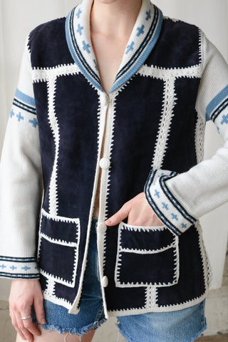 70s Suede Patchwork Crochet Cardigan
