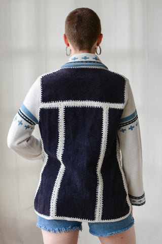 70s Suede Patchwork Crochet Cardigan