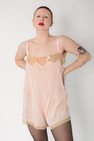 Antique Lace Embroidered Peach Step In Romper