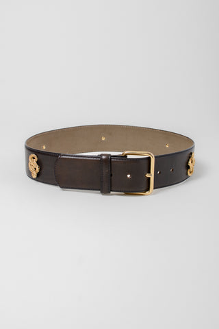 Gold Rope Embellished Brown Leather Belt