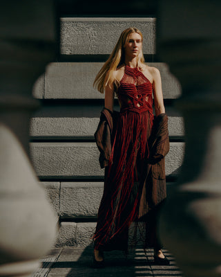 Oxblood Nylon Macrame Art To Wear Fringe Top