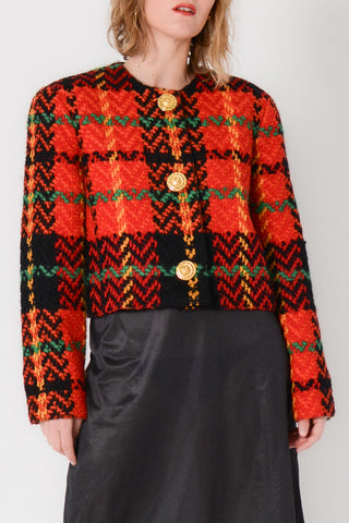 Vibrant Plaid Wool Crop Blazer w Scarf