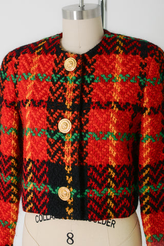 Vibrant Plaid Wool Crop Blazer w Scarf