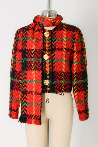 Vibrant Plaid Wool Crop Blazer w Scarf