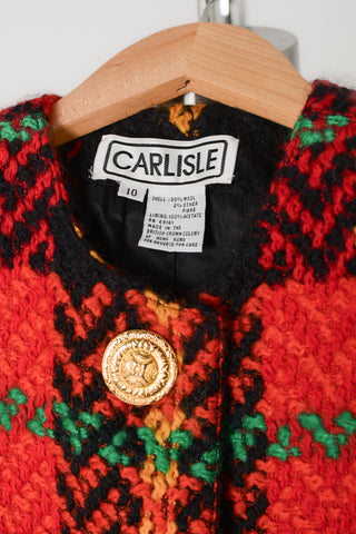 Vibrant Plaid Wool Crop Blazer w Scarf