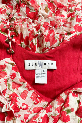 Sue Wong Silk Rosette Ruffle Bias Dress