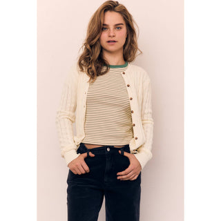 Classic Cable Knit Cotton Cardigan in Ivory