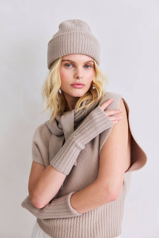 Merino Wool Fingerless Gloves in Soft Taupe