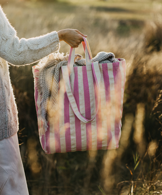 Medium Cotton Stripe Tote in Rust Red