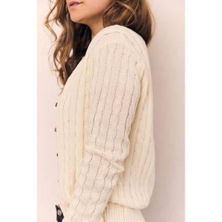 Classic Cable Knit Cotton Cardigan in Ivory