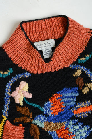 Vibrant Embroidered Bird Wool Sweater
