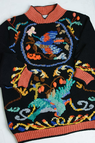Vibrant Embroidered Bird Wool Sweater