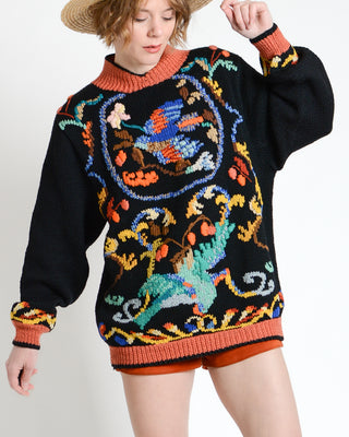 Vibrant Embroidered Bird Wool Sweater