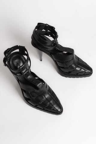 Designer Leather Woven T-Strap Heels ~5.5-6