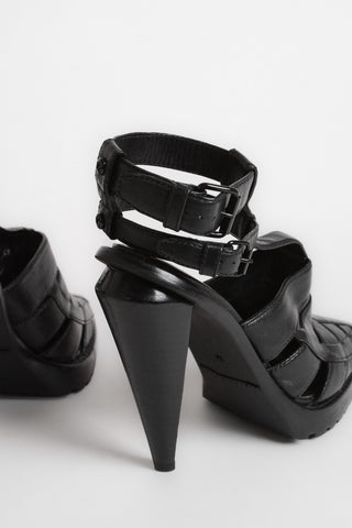 Designer Leather Woven T-Strap Heels ~5.5-6
